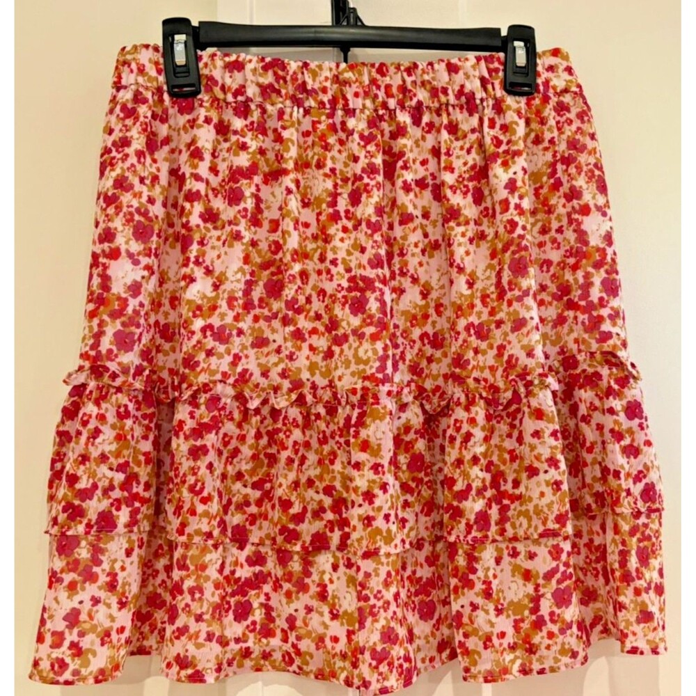 J Crew Skirt Womens Size Small Ruffle Mini Pink Red Flowered Lined Elastic Waist